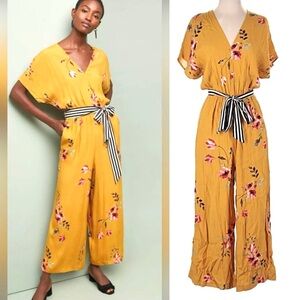 ANTHRO ✨ COREY LYNN CALTER floral jumpsuit wide leg v-neck stripe tie | Sz L